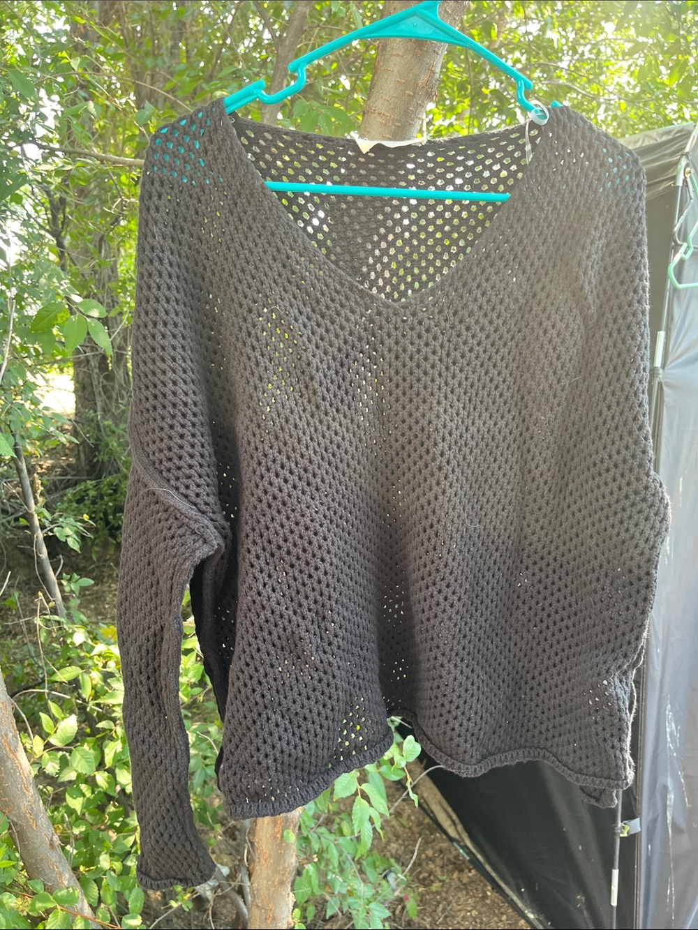 Doe & Rae Black Open-Knit V-Neck Sweater
